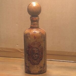 Vintage Italian Leather Wrapped Glass Decanter w/ Lion Decoration